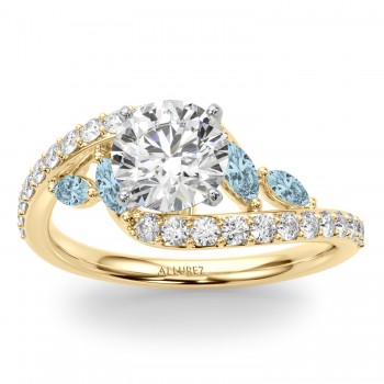 Swirl Design Diamond & Marquise Aquamarine Bridal Ring Set 14K Yellow Gold (0.96ct)